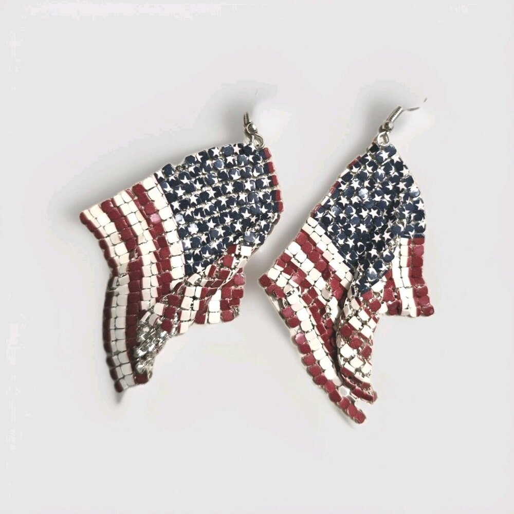 Patriotic American Flag Sparkle Dangle Drop Mesh Earrings USA